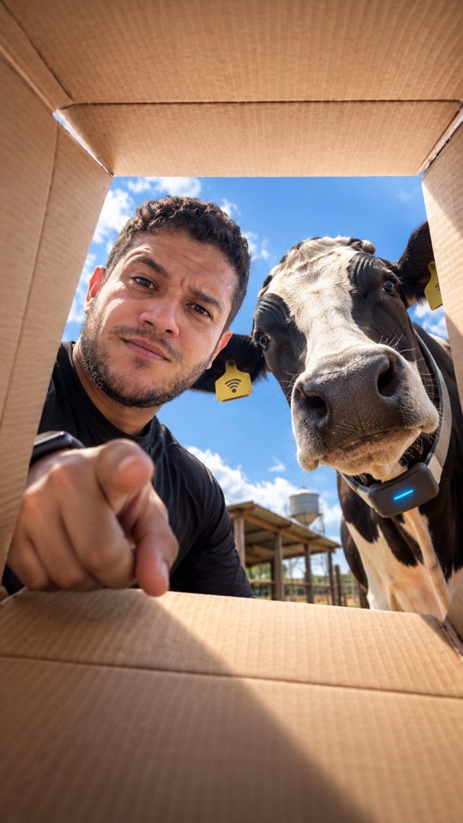 Pettrus Vaz ao lado de uma vaca no sítio